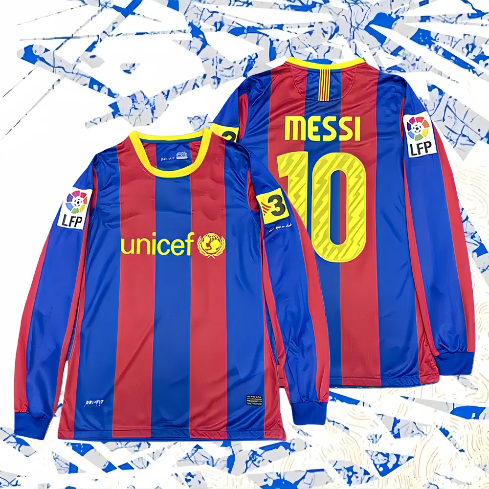 2010-2011  Home Barcelona Red and Blue Messi No. 10 Long Sleeve Comfortable Jersey