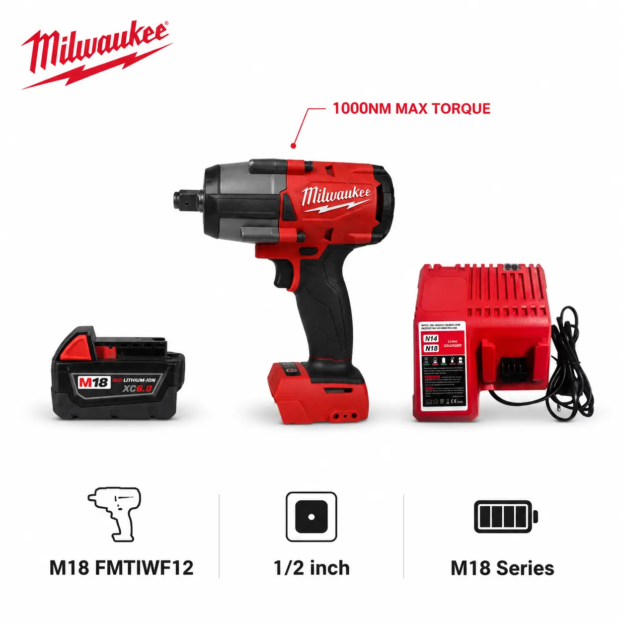Milwaukee M18 FMTIWF12 18V Cordless 1/2 Inch Impact Wrench Kit for Industrial Equipment Maintenance, High Torque Fastening Tool Features 3 Speed Control Modes Designed for M22 Bolt Drive Tasks