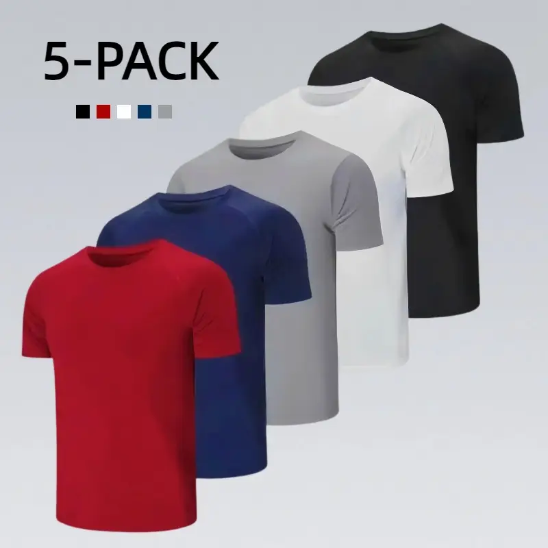 5-Piece Men's Tops Sports Short Sleeve Round Neck T-Shirts - Breathable Quick-Dry Activewear for Daily Casual, Outdoor Activities Menswear, Choose a s