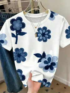 Women's Vintage Floral Print Short Sleeve Summer Round Neck T-Shirt, Casual Fitted Womenswear Top, Perfect for Outing and Vacation Wear