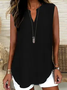 Women's Plain Solid V-Neck Loose Simple Versatile Vintage Shirt Vest, Casual Fashion Top for Daily Wear, Stylish Ladies' Clothing, Womenswear