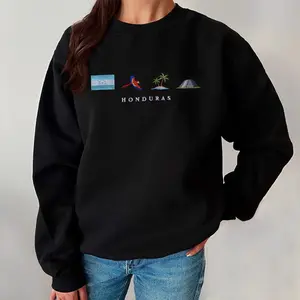 Honduras Embroidered Sweatshirt – Unisex Black Crewneck with Guacamaya, Copán, Maya, Roatán Coral & Baleada Icons, Cozy Cultural Gift
