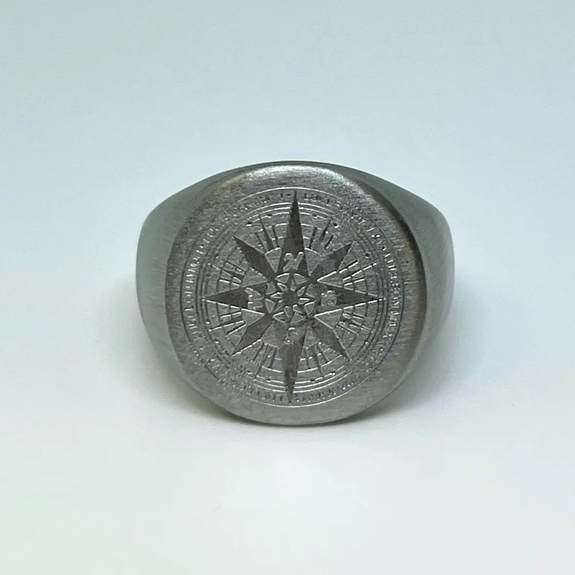 Stainless Steel Compass Rose Signet Ring – Brushed Silver Tone Nautical Navigation Statement Ring Waterproof Tarnish Free