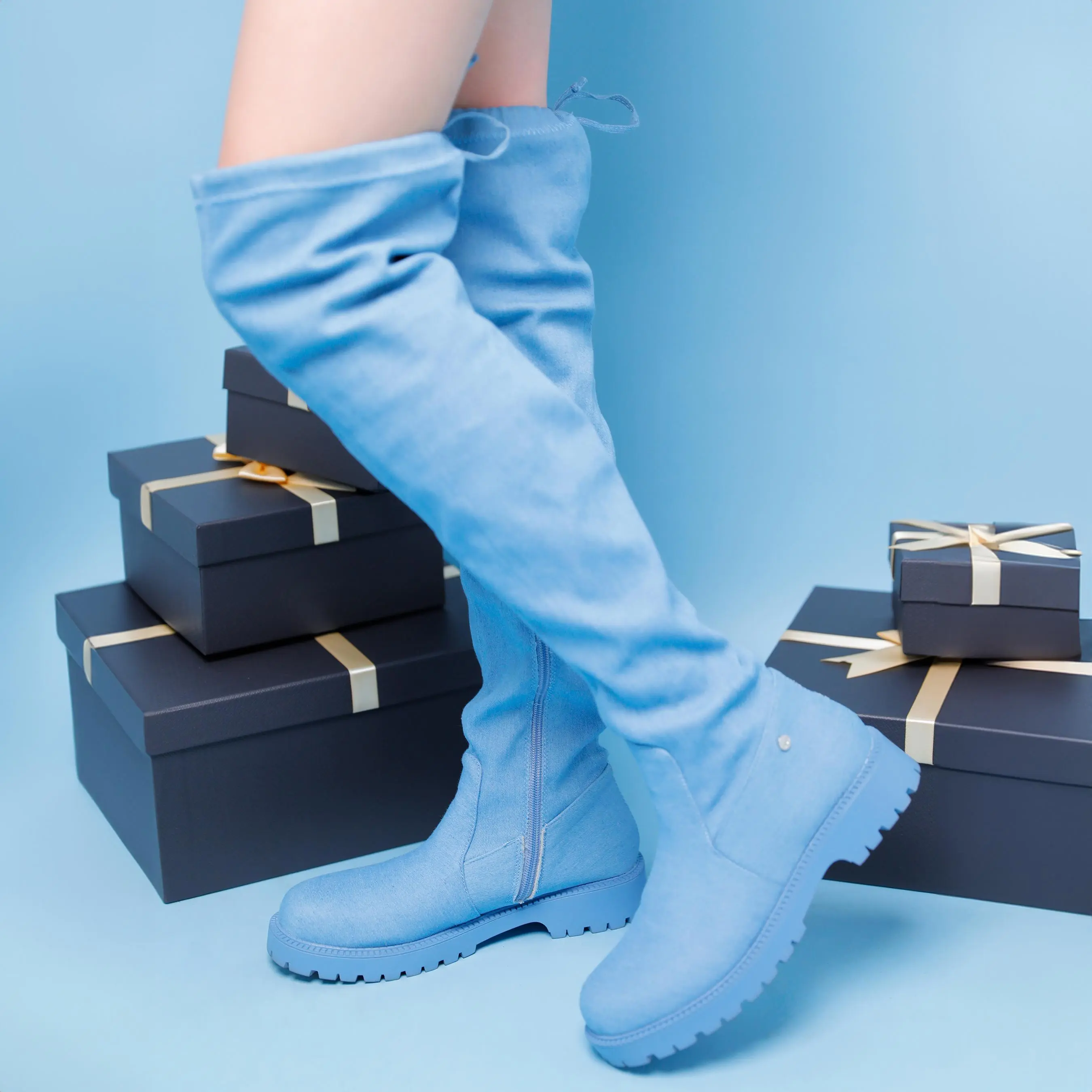 BELOVELY【SWIM-1 】Women's Regular and Wide Calf Over-the-knee Denim Boot Footwear Walking Shoes Girl Shoe Rubber Comfort Platform high heel