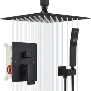 Ceiling Mount Shower System Rain Shower Head with Handheld Spray High Pressure Shower Faucet Set Rough-in Valve Shower Trim Kit Included Bathroom Matte Black Ceiling Shower Head
