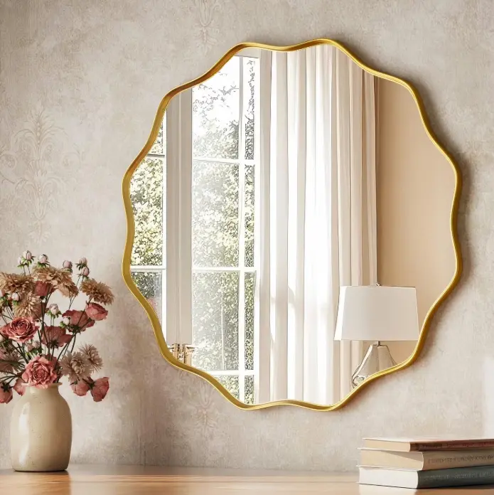 24" Wavy Round Bathroom Mirror Wall Decor with Deep Frame, Gold