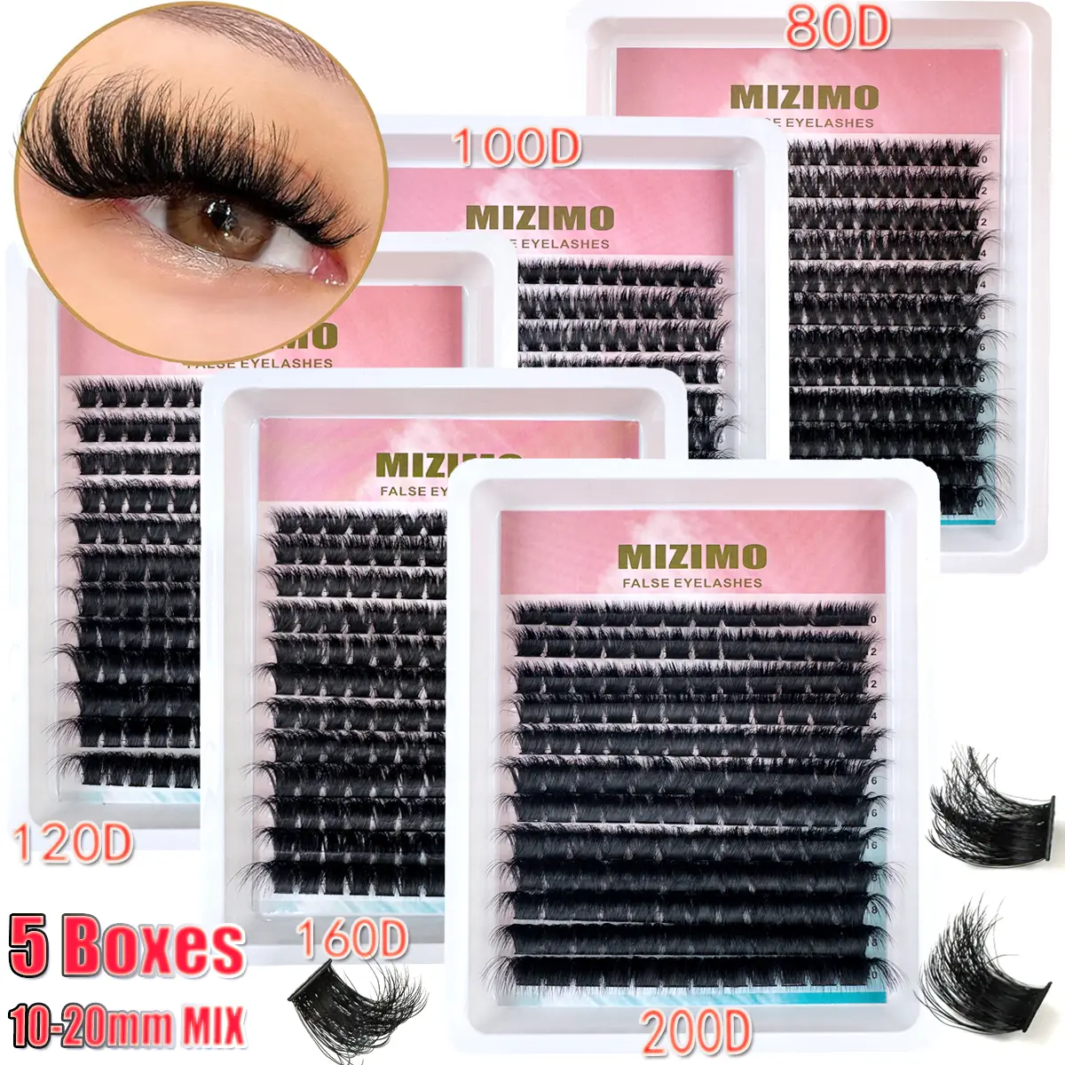 Faux Mink Volume Cluster Eyelashes Extensions, 5 Boxes of 12 Rows D/DD Curled Fluffy 80D-200D 10-20mm Segments, 3D Effect Natural Soft Thick DIY Makeup Eyelash Extensions
