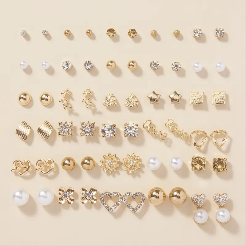 30 Pairs Cute Look Zinc Alloy Base Heart Motif Faux Gemstone Letter Earrings, Fashion Gift-Ready Costume Jewelry Accessory Set