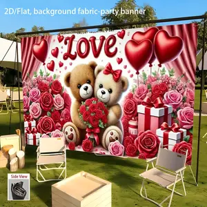 1pc Valentine Teddy Bear Banner - Heart Balloons Gift Boxes Floral Design Romantic Theme for Wedding Birthday Office Cafe Decor
