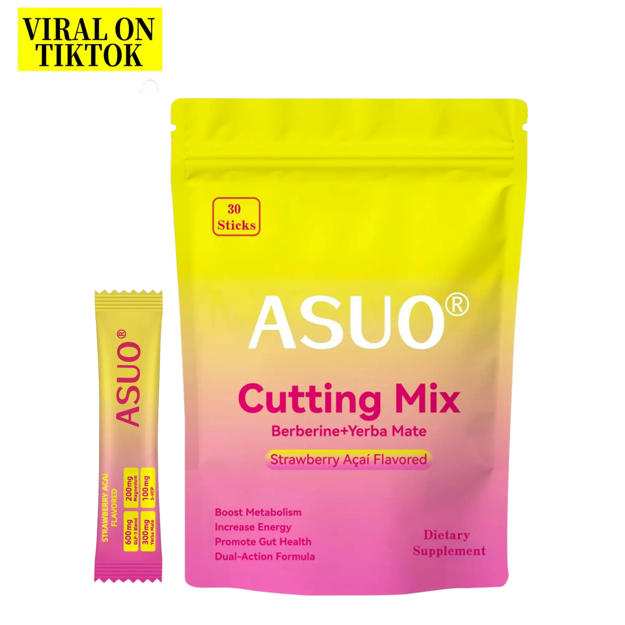 ASUO Strawberry Acai Flavor Cutting Mix - Berberine +Yerba Mate forGym Goals, Metabolism & Energy Support,30Sticks Drink