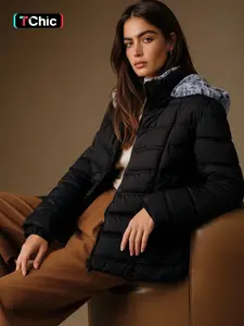 Women's Fall Winter Hooded Puffer Jacket, Long Sleeve, Casual Fitted Design, Fashionable Zipper Pocket Outerwear, Comfortable and Stylish