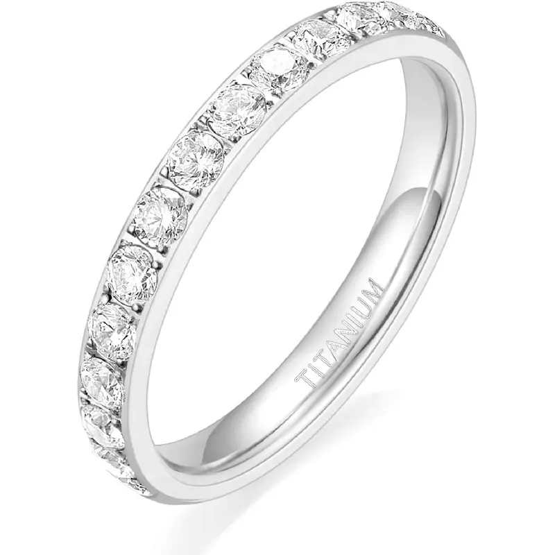 Women's 3mm Titanium Wedding Band, Minimalist Stackable Half Eternity Ring with CZ Inlay, Hypoallergenic Promise Jewelry for All Occasions, Cubic Zirconia, Anniversary Gift, Female, Daily, 30-Day Return