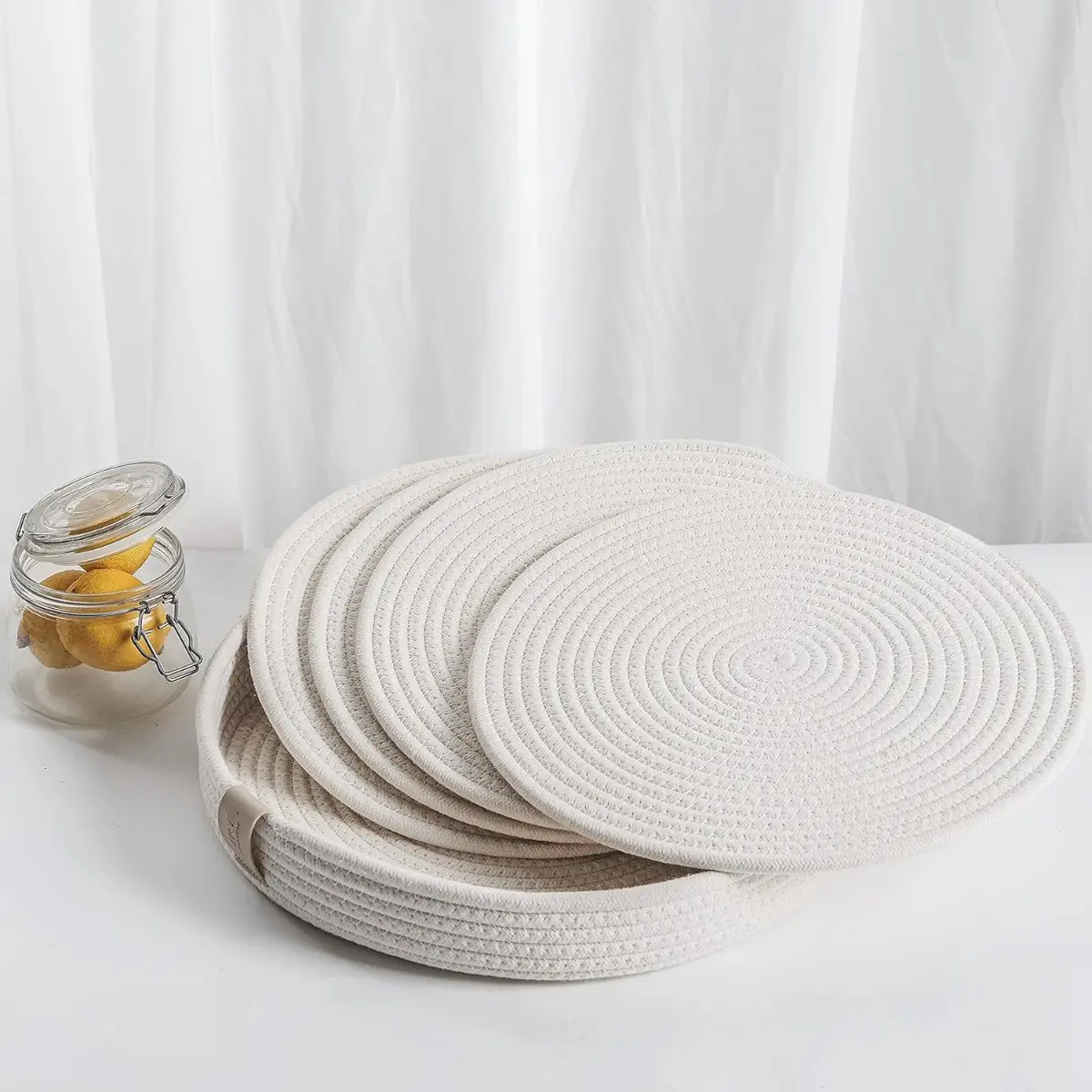 Woven Cotton Rope Round Placemats Set of 4 with Holder Included, Non-Slip, and Heat Resistant Shabby Chic Placemats (Off White, 13 inch)