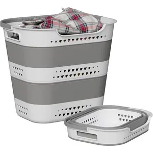 Collapsible Plastic Laundry Basket Hamper with Handles, Large 42L Portable Rubber Clothes Basket, Pop Up Storage Organizer for Washing & Storage, Grey