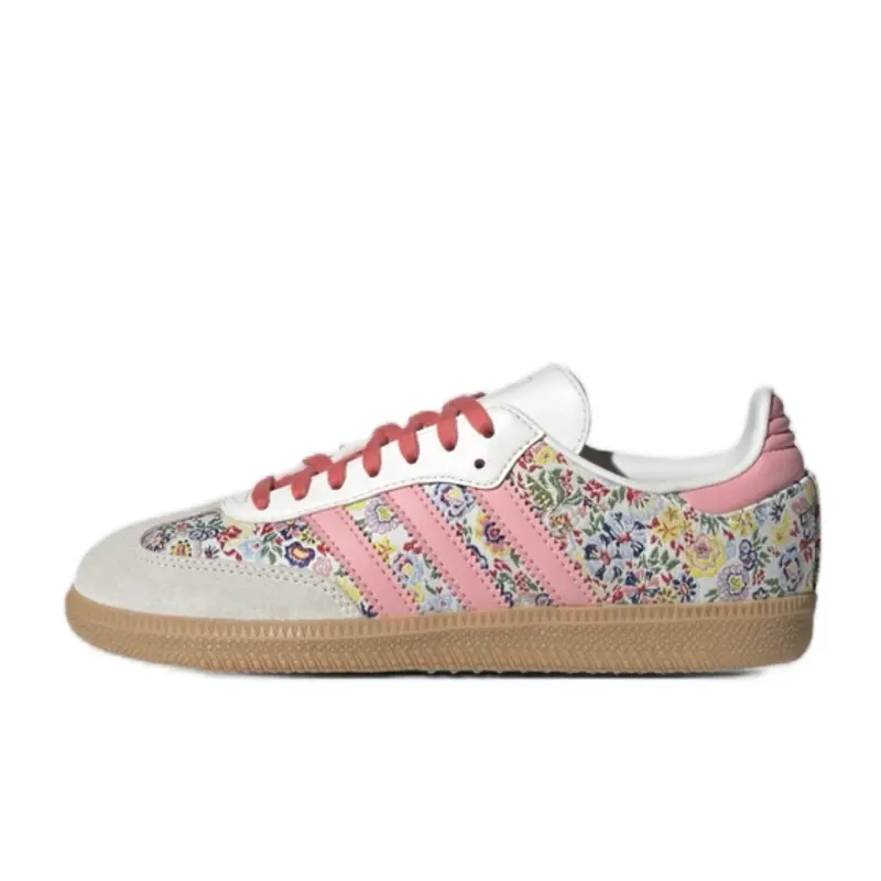 Adidas Samba OG Liberty London Floral Embroidery Leather Women's Casual Sneakers, Walking Shoes, Trendy Daily Lifestyle Sports Footwear, Sports Shoes, Rubber, Classic, Stripes, Pink Suede, Floral Print, True Size