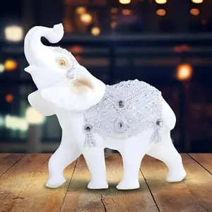7"W Silver and White Thai Elephant with Trunk Up Figurine Statue Sculpture Office Tabletop Ornament Decoration Home/Room Decor and Perfect Gift Ideas for Women/Men, House Warming, Holidays and Birthdays Great Collectible Addition