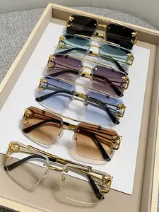 Luxury Square Gold Frame Fashion Sun Glasses Metal Leopard Rimless Sunglasses Double Bridges Gradient Ocean Film Shades UV400 Trendy Casual Modern Frames Sunglasses