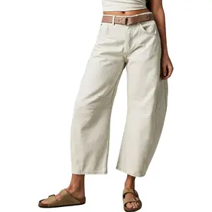 Chouyatou Barrel Jeans Women Wide Leg Cropped Jeans Y2k Mid Rise Baggy Jeans Boyfriend Denim Pants Harem Pants Vintage Breathable SpringStatements Womenswear High Waist