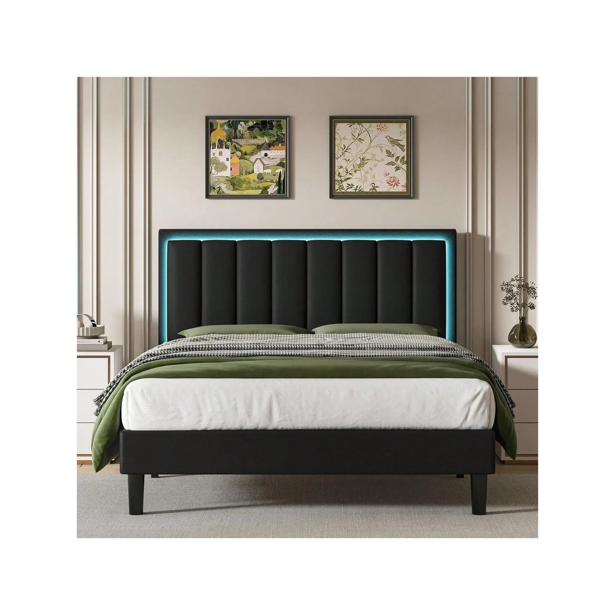 Bed Frame With LED Lights, Modern PU Leather Upholstered Platform Bed With Adjustable Headboard, White/Black/Pink,Twin/Full/Queen/Kin