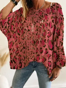 Women's Leopard Print Knit Top, One Shoulder Hollow Out Batwing Sleeve, Casual Elegance for Spring Summer Autumn Winter