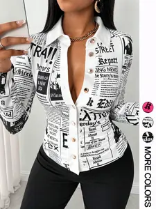 Women's Long Sleeve Casual Shirt with Letter Print, Single Button Front Design, Perfect for Daily Wear & Outdoor Activities, Womenswear