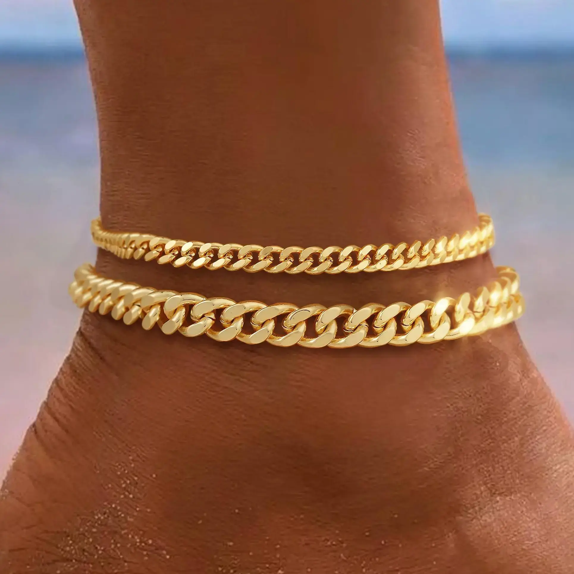 Chunky Cuban Link Chain Anklet for Women Waterproof Adjustable Length 8.5+2 Inch Fashion Chic Accessories Trendy Layered Anklet Set Jewelry Gift Suitable for Summer Beach Vacations Outdoorfun summerwins