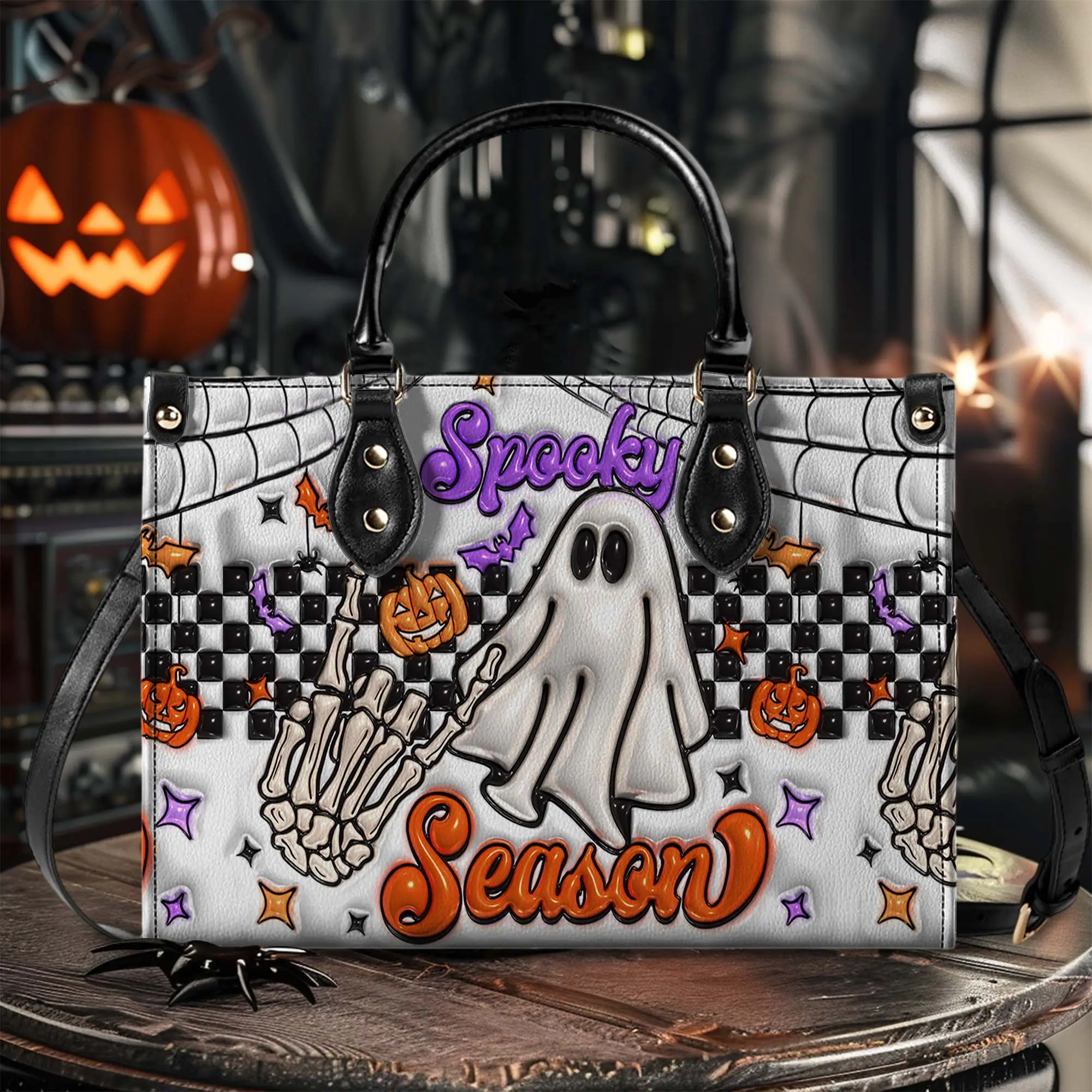 Spooky Season Ghost Leather Handbag for Women, Cute Halloween Ghost PU Leather Tote Bag, Skeleton Hand Pumpkin Shoulder Purse, Fall Fashion Handbag, Witchy Accessories, Trick or Treat Gift, Cute Halloween Gift for Her