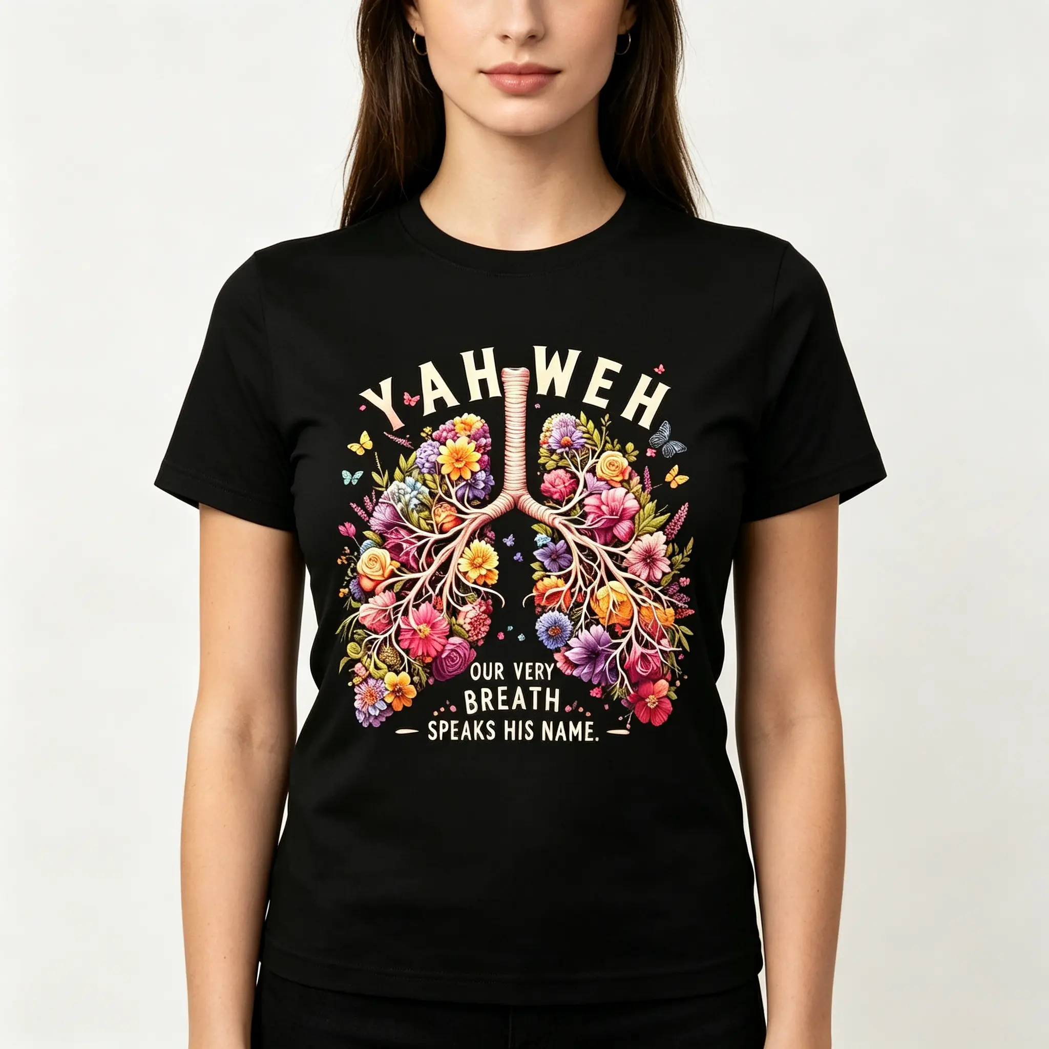 Yahweh Floral Lungs Short-Sleeve Round Neck Top - Christian Faith Clothes with Bible Quote, Religious Graphic Tee, S-5XL Plus Size Casual Sports Top