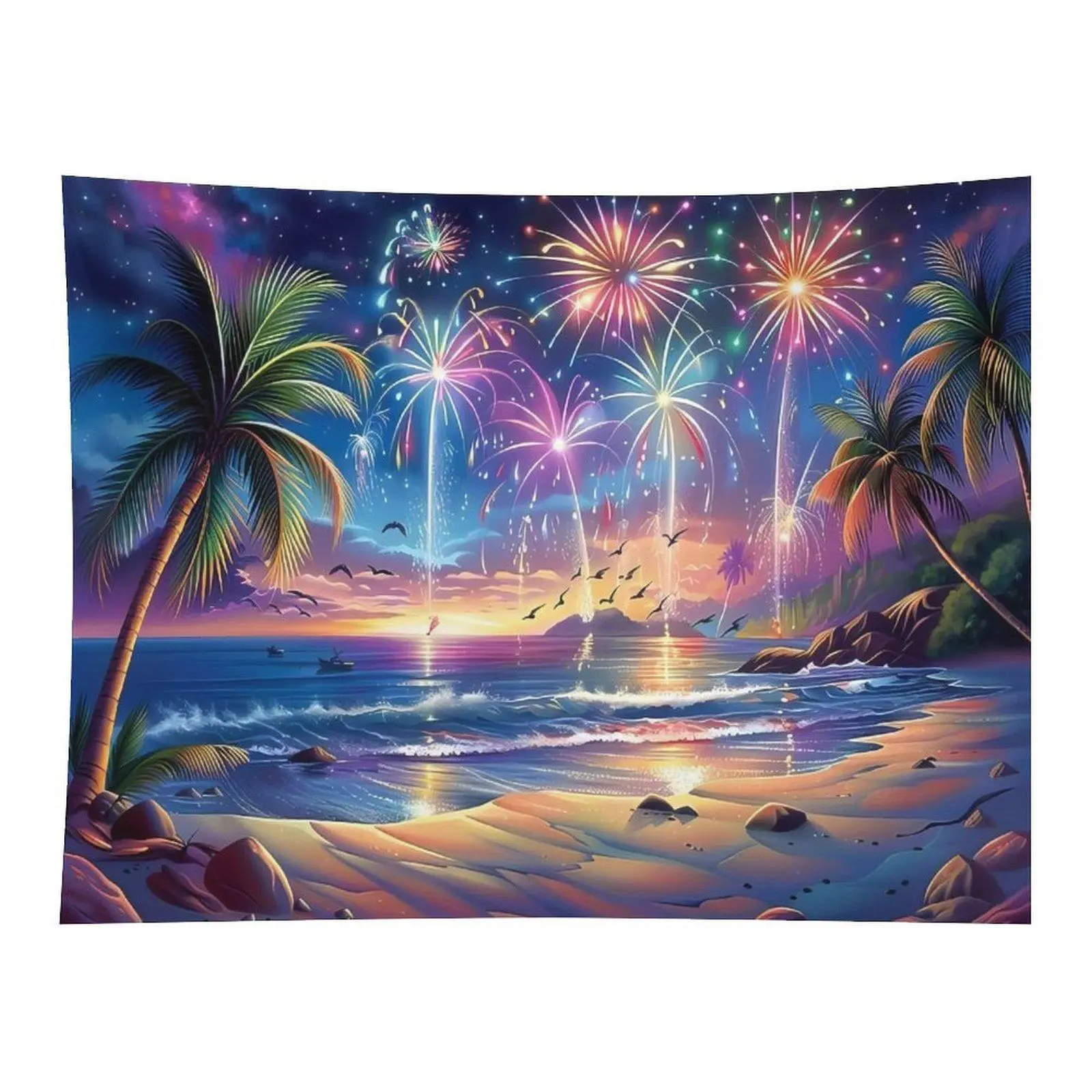 Tropical Beach Sunset Tapestry Palm Tree Ocean Seaside Colorful Fireworks Starry Sky Summer Vacation Scenery Wall Hanging Decor