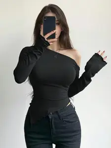 Women's Plain Ruched Asymmetrical Neck Tee, T Shirts for Women, Casual Lettuce Trim Long Sleeve T-Shirt for Spring & Fall, Women's Clothing for Daily Wear, Everyday, Top, Fit, Aesthetic, Womenswear