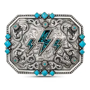 Turquoise Lightning Bolt Belt Buckle - Hand-Engraved German Silver Western Accessory