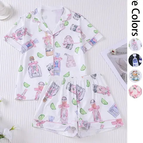 Women's All Over Print Lapel Shirt & Shorts Pajama Two-piece Set, Casual Comfy Cute Short Sleeve Top & Elastic Waist Shorts Set, Ladies Summer Sleepwear, Loungewear, Pjs, Casual Pajama Sets, Pajamas Sets, Pyjamas, Womenswear