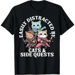 Graphic T-shirt Easily Distracted by Cats and Side Quests Funny RPG Gamer T-Shirt DND Lovers Retro Fantasy Adventure Unisex Soft Cotton |   TikTok viral tee, gaming graphic shirt, nerdy aesthetic, cat lover gift, comfy streetwear, everyday outfit, gift id
