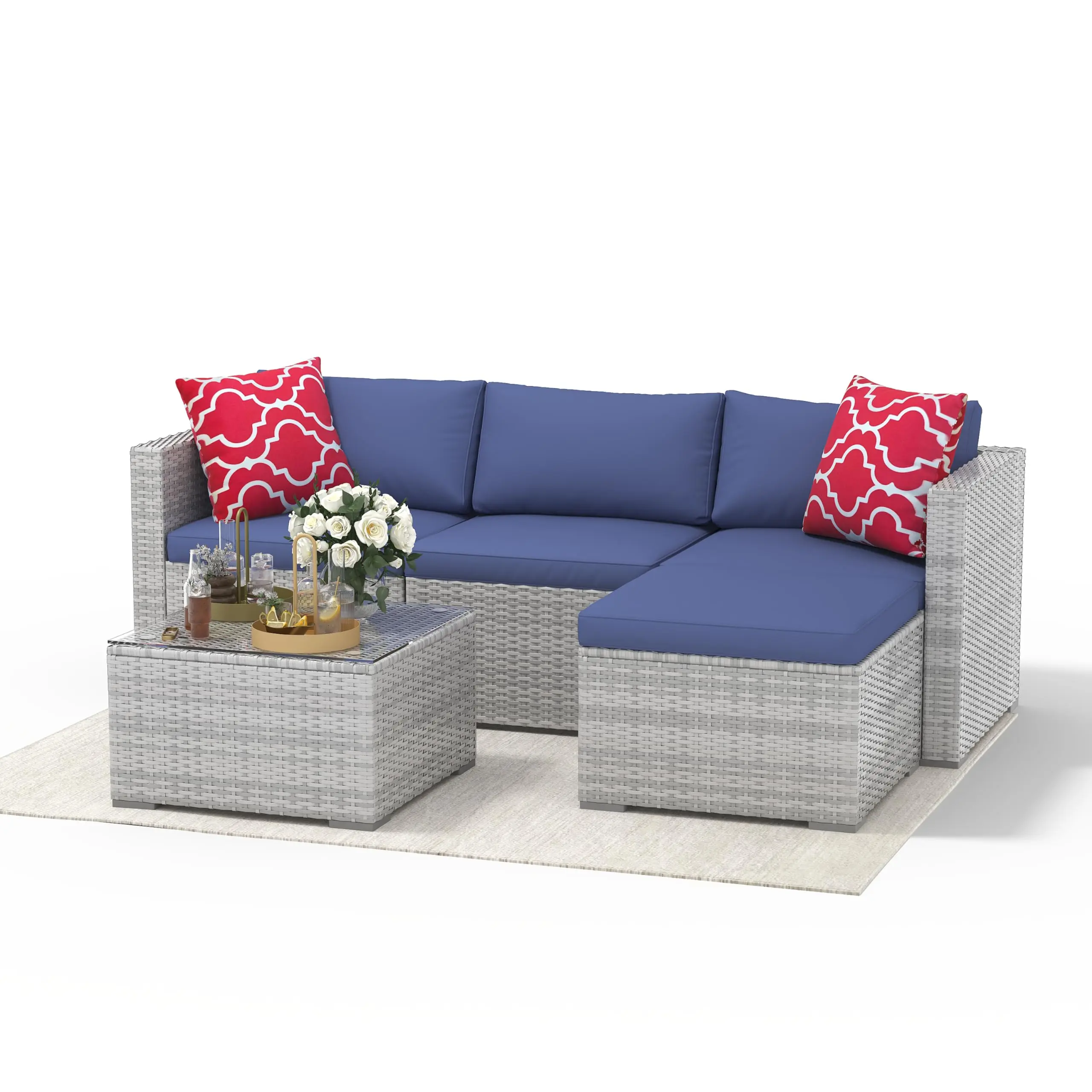 Garvee Patio Furniture Set 5 Pieces, Outdoor Patio Furniture Set with Rattan Wicker Chairs, Glass Table and Cushions for Porch, Balcony, Backyard, Garden, Poolside, Grey & Blue