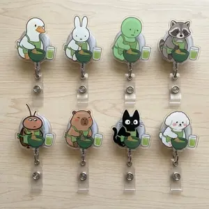 Kawaii Matcha Whisking Badge Reels - Cute Matcha Lover Retractable ID Holder - Character Acrylic Name Tag Clip Gift