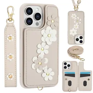 Flower Pattern Floral Phone Case with Card Slot & Lanyard, Dropproof Phone Case, Fashion iPhone 17Air 16 Pro Max 15Plus 14 13 12 11Pro Max Protective Case Compatible with iPhone, Cover