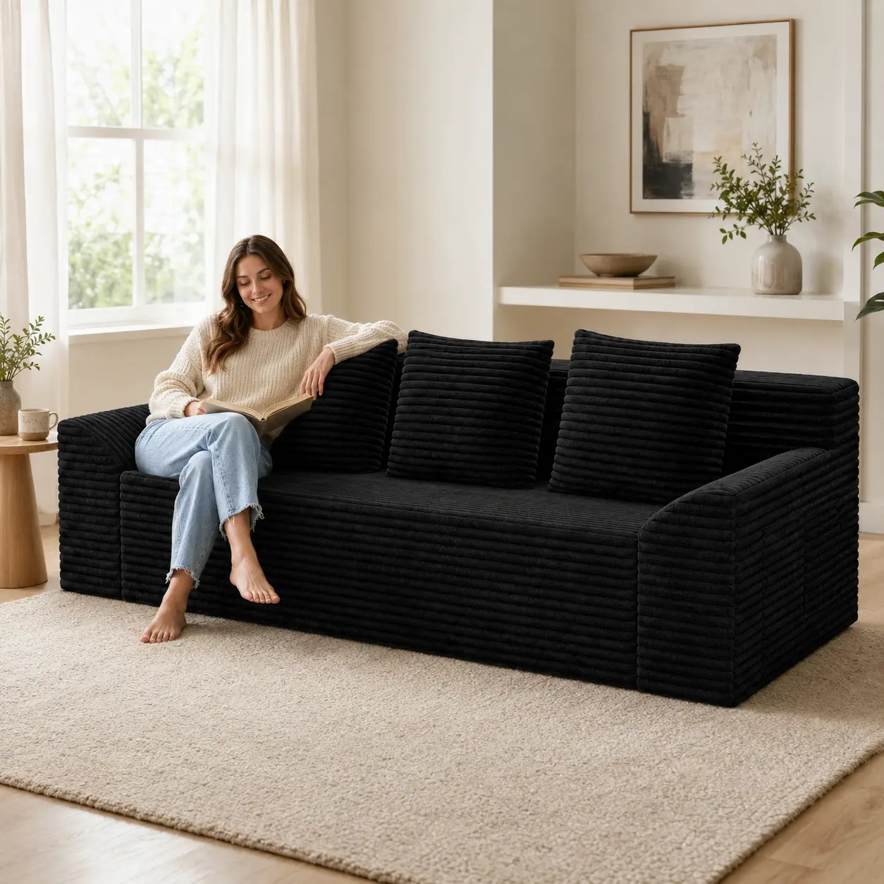 71" Rectangular Ribbed Corduroy Modular Sofa Sectional - Sturdy Durable 3-Person Cord Living Room Furniture, Pre-Assembled Deep Seat Couch with Fixed Arms, Cushion Back Pillows for Small Spaces Apartments, 3 People, Comfy Couch