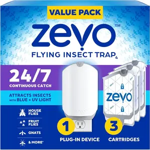 Zevo Flying Insect Trap & 3 Refill Cartridges - Plug in Fly Trap & Indoor Bug Catcher for Gnats, House & Fruit Flies - Blue & UV Light Technology, Mess-Free Alternative to Bug Zapper ZEVO