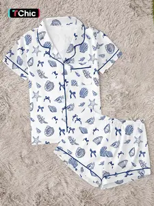 Women's Nautical Seashell & Starfish Print Pajama Set, Short Sleeve Button Down 2-Piece Loungewear, Cute Blue Ocean Themed Sleepwear with Bow Details，Cute Ocean Vibe Sleepwear for Summer， Sleepwear for Lazy Days, Homewear, Pjs, Pyjamas