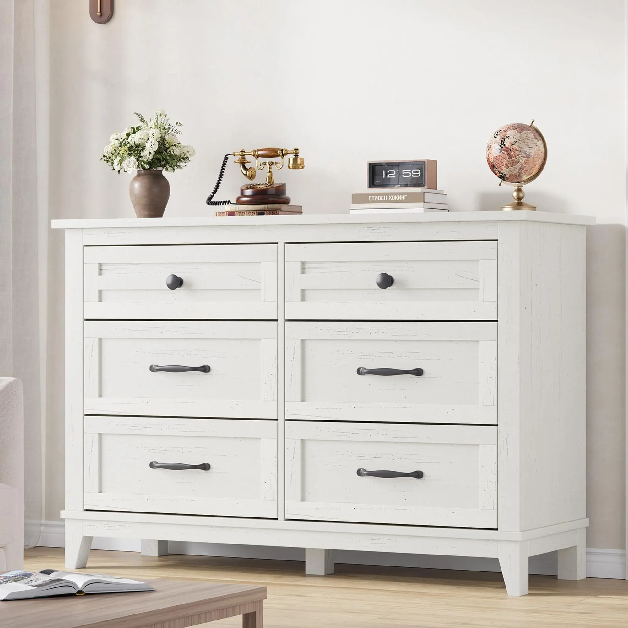 GARVEE 6-Drawer Wooden Storage Dresser - 47in Wide Rectangular Chest with Legged Base, Freestanding Indoor Furniture for Bedroom, Living Room