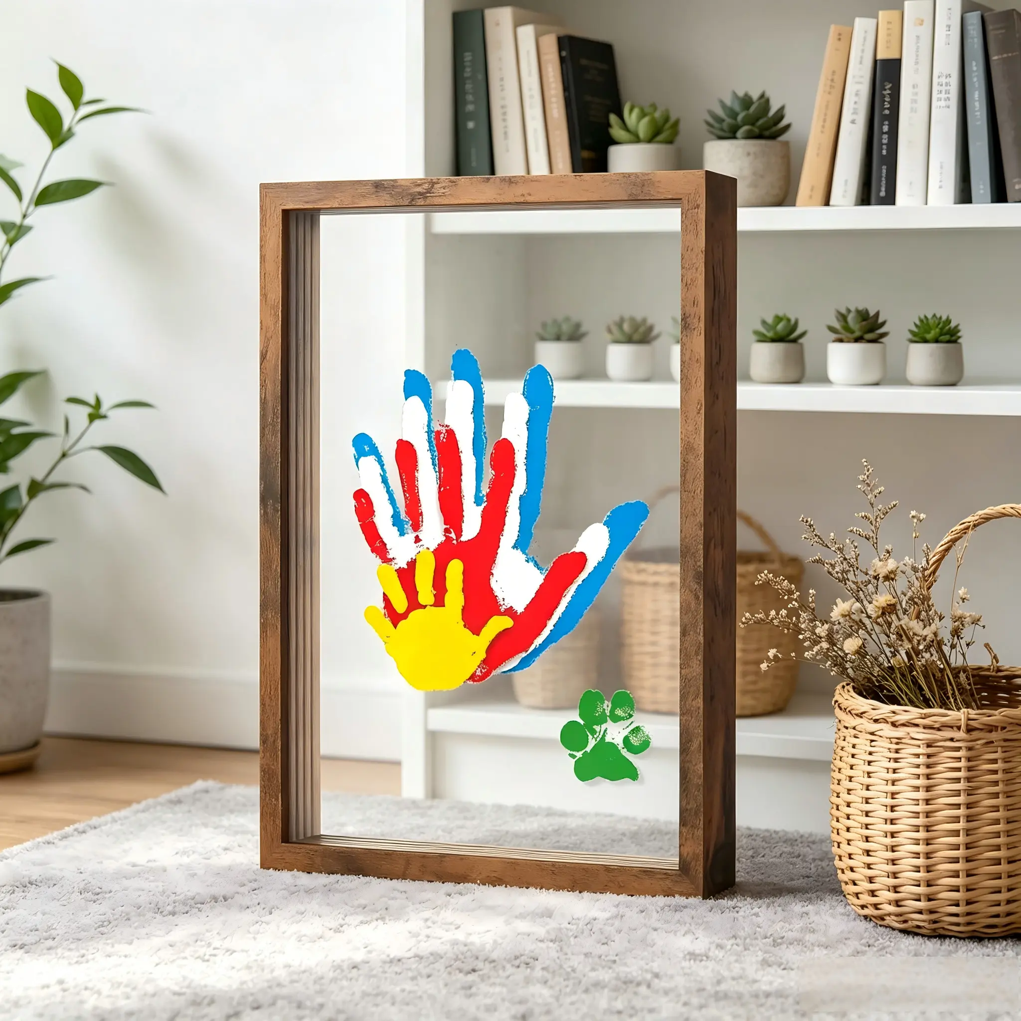 Customizable Wooden Framed Handprint-Paw Print Memory DIY Kit with Dustproof Glass, Home Decor Photo Frame Keepsake Gift for Baby Shower, Holiday, Anniversary (All Ages Home Supplies)