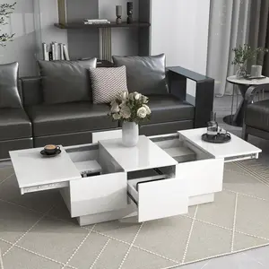 Modern Coffee Table with 2 large Hidden Storage Compartment, Extendable Cocktail Table with 2 Drawers, High-gloss Center Table with Sliding Top for Living Room, 39.3"x21.6", White