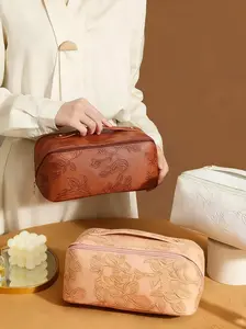 Elegant Floral Embossed Leather Makeup Bag, Large Capacity Travel Cosmetic Organizer, Ideal Commuter Washbag for All Seasons