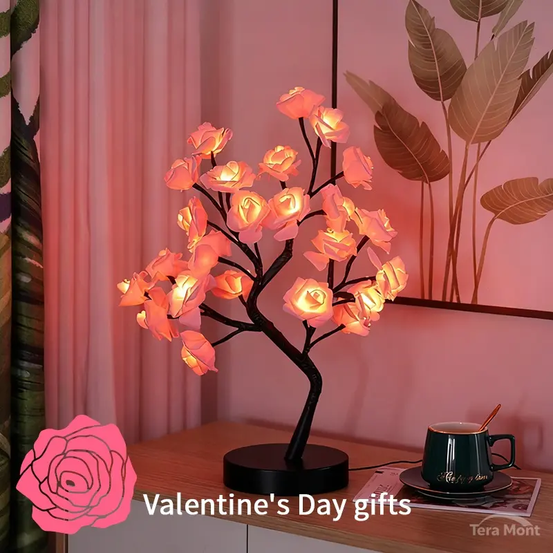 Camping Tree Night Light - USB-Powered, User-Friendly, Colorful Design Indoor Lamp, Rose Flower Decor, Soft Gentle Light for Christmas, Valentine's Day Gift