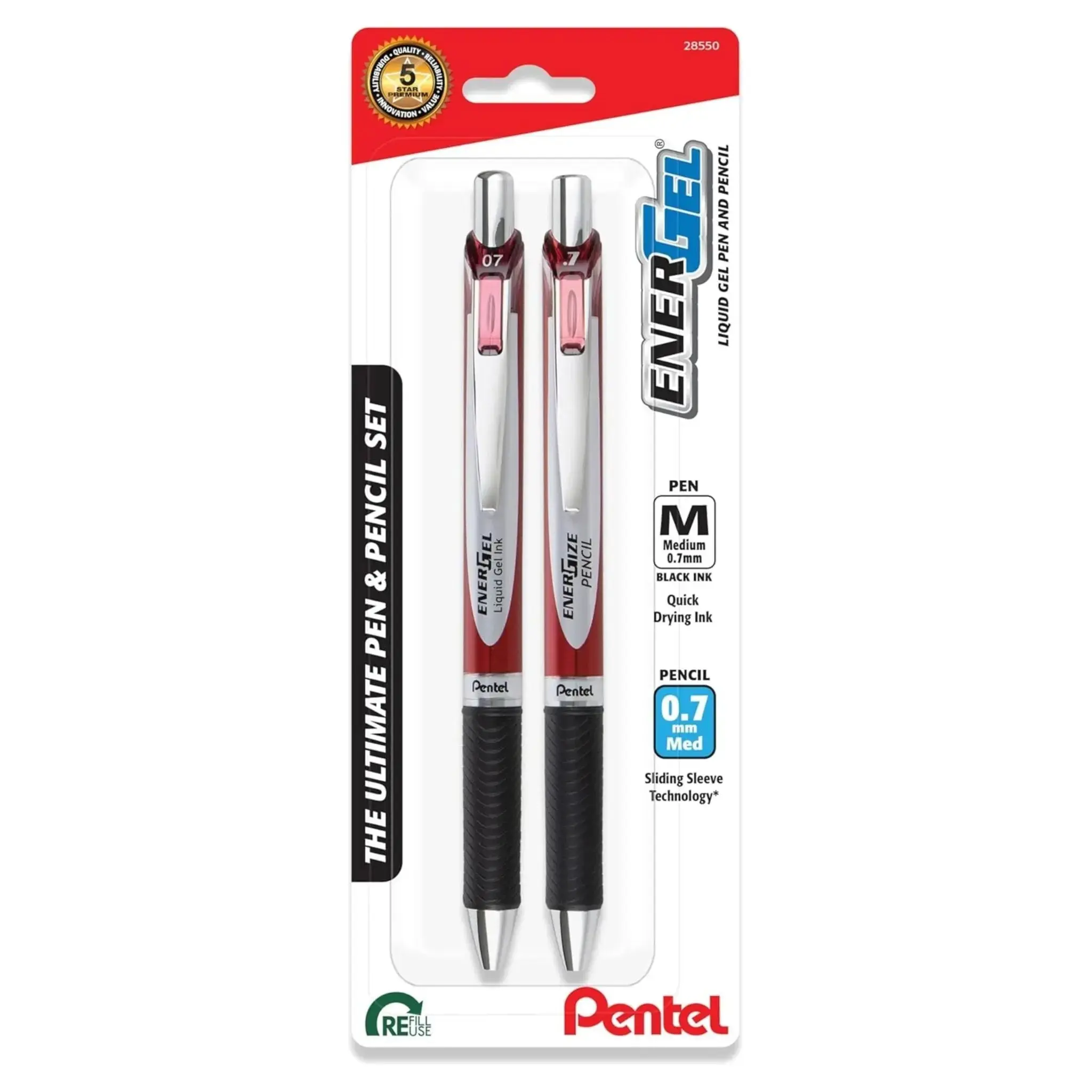 Pentel EnerGel Writing Pen and EnerGize Pencil Set, 0.7mm, Burgundy, Smooth Writing Pen for Office, School Stationery Supplies, Writing Pens
