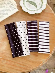 4pcs Dopamine Color Dot Stripe Wide Band Hair Bands Set, High Elasticity Vintage Fashion Sports Fitness Non-Slip Hair Ties, Workout Headbands, Elastic Headbands