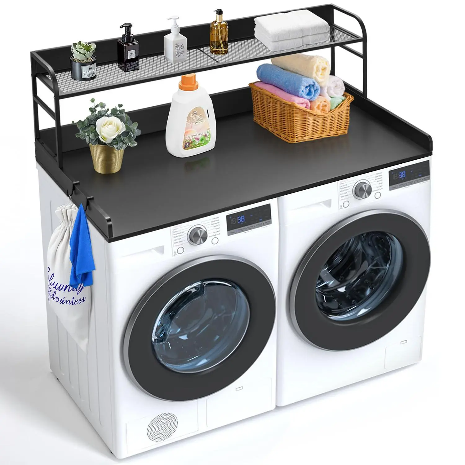 【SummerFinds】VEVOR Modern Oak Wooden Washing Machine Dryer Countertop, 54"x27" with 2-Tier Storage Shelf, Anti-Slip Pads, Water-Resistant Laundry Topper, Home Laundry Room Organization for Hanging Daily Items