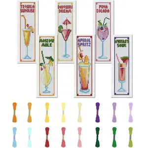 Cross Stitch Bookmark DIY Set, 6 Counts/set Various Beverage Pattern Prints, Cross Stitch Kit with Random Color Tools & Accessories, Embroidery Patterns, Hand Embroidered