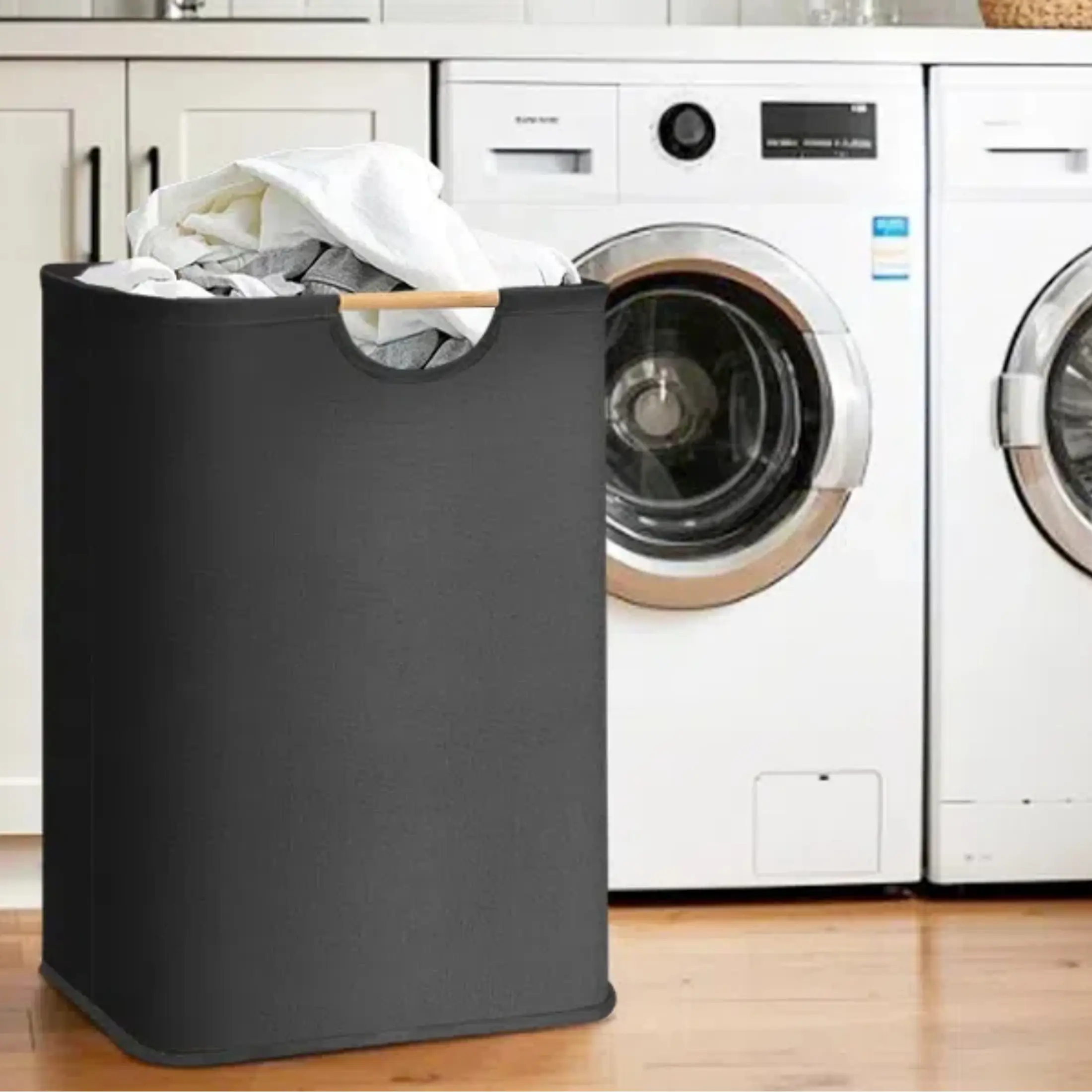 [Nordic style] 72L large capacity laundry basket, solid wood handle foldable dirty clothes basket, easy to carry and store, bathroom and bedroom storage basket, suitable for cloakroom, laundry room, toilet, wardrobe, Christmas decoration storage