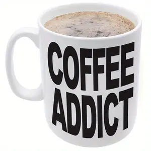 1pc, 11oz, 28oz "Coffee Addict" Ceramic Mug - Extra Large White Coffee Cup with Bold Black Lettering, Humorous Desk Decor & Perfect Gift for Coffee Lovers, Durable Glossy Finish, Ideal for Home or Office Use, Coffee Bar Accessories